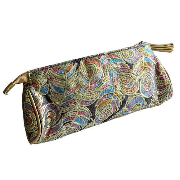 Stephanie Johnson Travel Cosmetic Bag Gold Metallic Peacock Makeup Zip Clutch - Picture 9 of 9